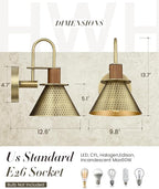 Antique Brass Wall Sconce, HWH Gooseneck Barn Wall Light Fixtures, 1-Light Single Wall Vanity Light, Farmhouse Wall Lamp for Bedroom Bedside Kitchen Hallway, Hammered Metal Shade, 5HZG74B-L BG