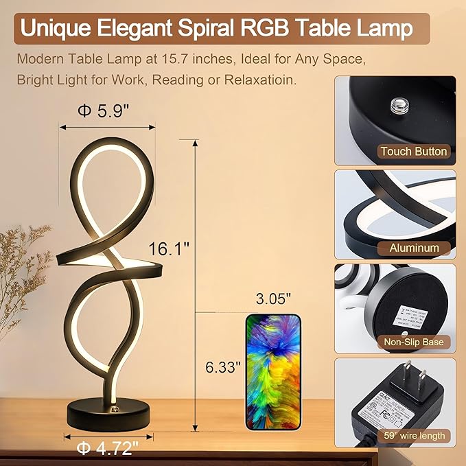 Mayful Modern RGB Table Lamp with LED Spiral Design, Black Bedside Lamp & Nightstand Lamp, Touch Dimmable with 7 Colors & 10 Modes for Bedroom, Living Room, Home Office, 15W