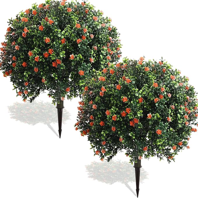 Yunlly Set of 2 Artificial Boxwood Topiary Ball Tree Fake Bushes Shrubs Outdoor Faux Plant with Ground Spike Flowers UV Resistance Greenery for Front Porch Garden Patio Indoor(Orange,27x18inch)