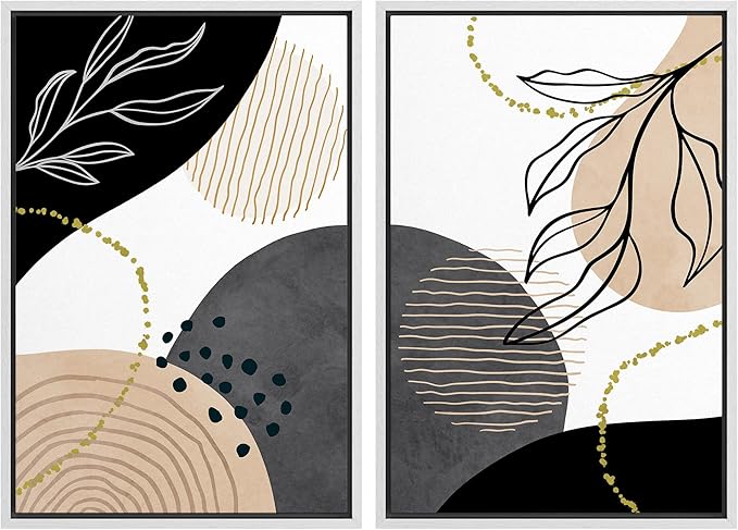 SIGNFORD Framed Canvas Print Wall Art Set Mid-Century Nordic Geometric Ring Plants Abstract Shapes Illustrations Modern Art Decorative Bohemian for Living Room, Bedroom, Office - 24"x36"x2 White