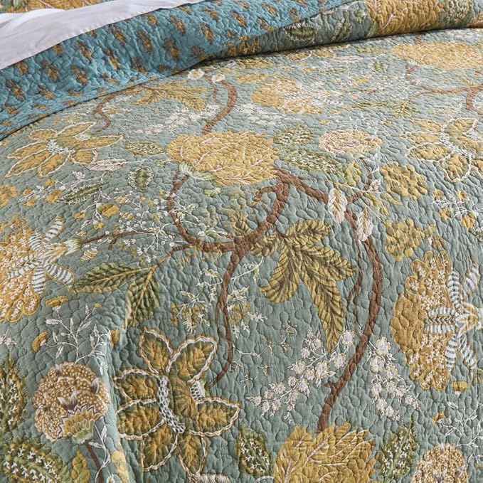 ENASAL Cotton Bedspread Quilt Sets Reversible Bedding Coverlet Sets Comforter, Vintage Floral Farmhouse Pastoral Turquoise Bedspread, Queen Size