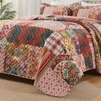 Cotton Bedspread Quilt Sets Reversible Bedding Coverlet Sets 3 Pieces Gorgeous Vintage Damask Red Patchwork Bedspread, Queen Size