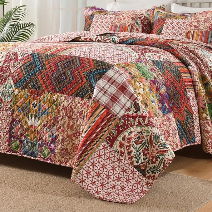 Cotton Bedspread Quilt Sets Reversible Bedding Coverlet Sets 3 Pieces Gorgeous Vintage Damask Red Patchwork Bedspread, Queen Size
