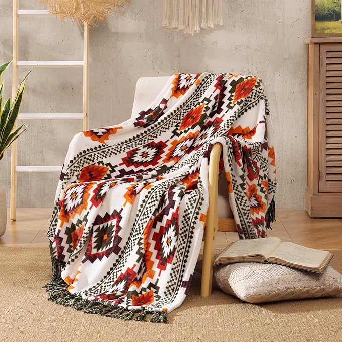 CASAAGUSTO Boho Throw Blanket - Orange and Green Decorative Blankets with Tassel, Printed Flannel Bohemian Blanket for Chair, Bed, Sofa, Couch(60 * 80, Orange and Green)