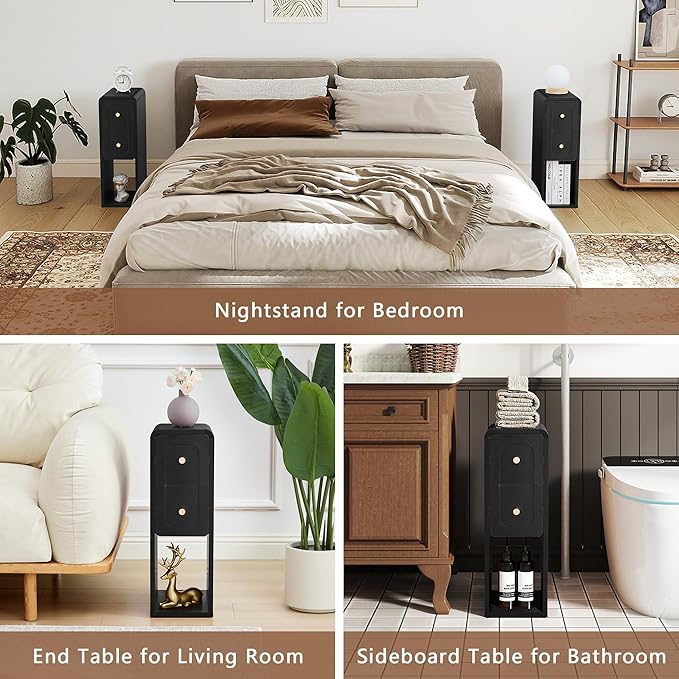 Small Nightstand Set of 2, Wooden Narrow Nightstands with 2 Drawers, Vintage Side End Table for Small Spaces, Skinny Night Stand, Bedside Table for Bedroom, Living Room (Black-2PCS)