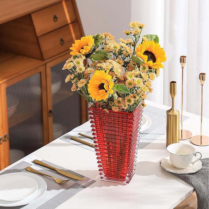 MCMCNCUIU Crystal Glass Vase, Large Crystal Vases for Flowers, Large Flower Vase, Red Modern Vases for Living Room, Bedroom, Kitchen, Dining Table, Mantle, Wedding, 11 Inches