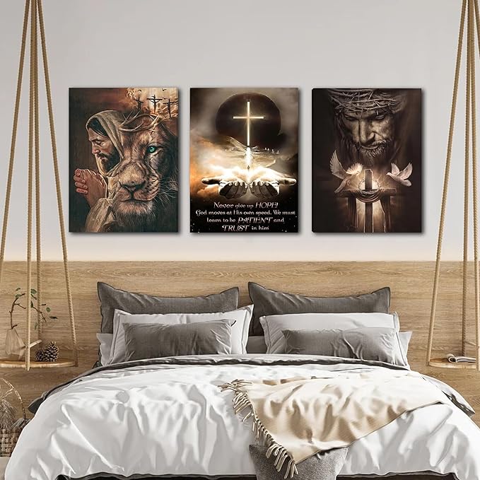 Fantasy Artists 3Pcs Jesus Wall Art, Christian Wall Decor for Biblical Room, Unframed Canvas Painting Prints, Religious Art Posters for Church Living Room Bathroom, 12" X 16"