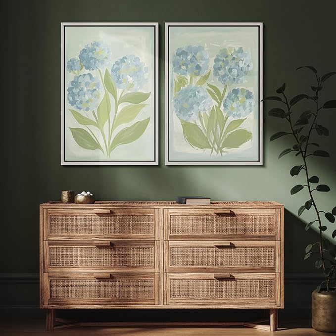 SIGNFORD Framed Canvas Print Wall Art Set Soft Hydrangea Pair Light Blue Florals with Green Leaves Illustration Modern Art Decorative Nordic Nature for Living Room, Bedroom, Office - 24"x36"x2 White