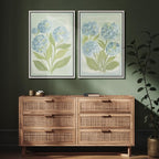 SIGNFORD Framed Canvas Print Wall Art Set Soft Hydrangea Pair Light Blue Florals with Green Leaves Illustration Modern Art Decorative Nordic Nature for Living Room, Bedroom, Office - 24"x36"x2 White
