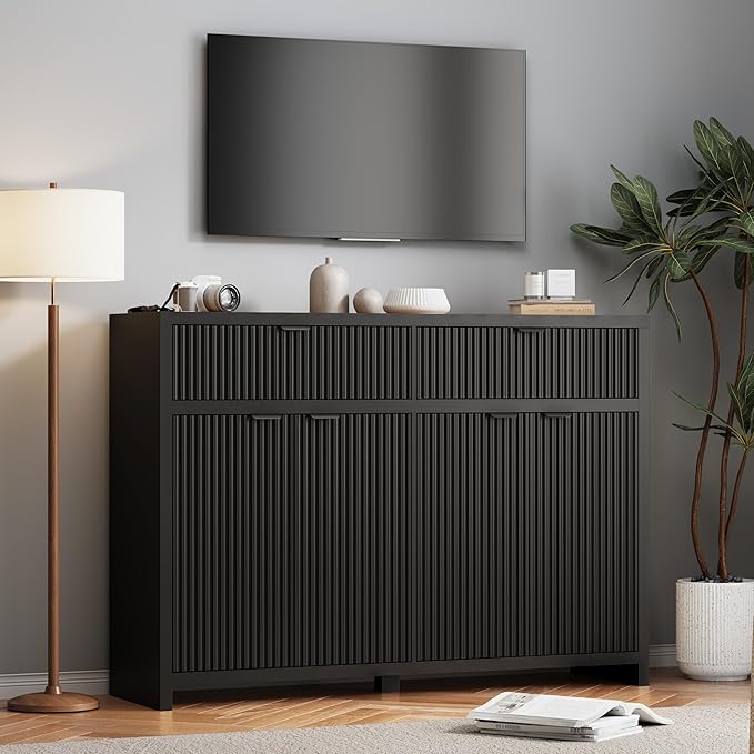 Fluted Sideboard Buffet Cabinet with Storage Drawers, 55" Large Accent Storage Cabinet with Doors and Adjustable Shelf, Modern Farmhouse Credenza for Entryway, Kitchen, Living Room - Black