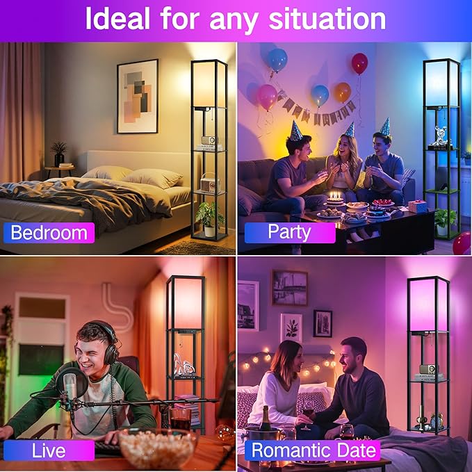 OUTON Floor Lamp with Shelves, LED Dimmable Floor Lamp with Remote & App Control, Charging Station, Color Changing, Wood Column Tall Standing Lamp for Living Room, Bedroom Office, RGB