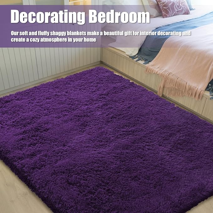 Shag Area Rug for Bedroom 4x6,Purple Fluffy Area Rugs for Living Room,Soft Fuzzy Rug Non-Shedding Indoor Plush Carpet for Kids Bedroom Nursery Dorm Home Decor