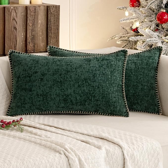 MIULEE Pack of 2 Christmas Pillow Covers 12x20 Inch Dark Green Farmhouse Decorative Throw Pillow Covers with Stitched Edge Soft Chenille Solid Dyed Couch Pillow Covers for Sofa Bed Living Room