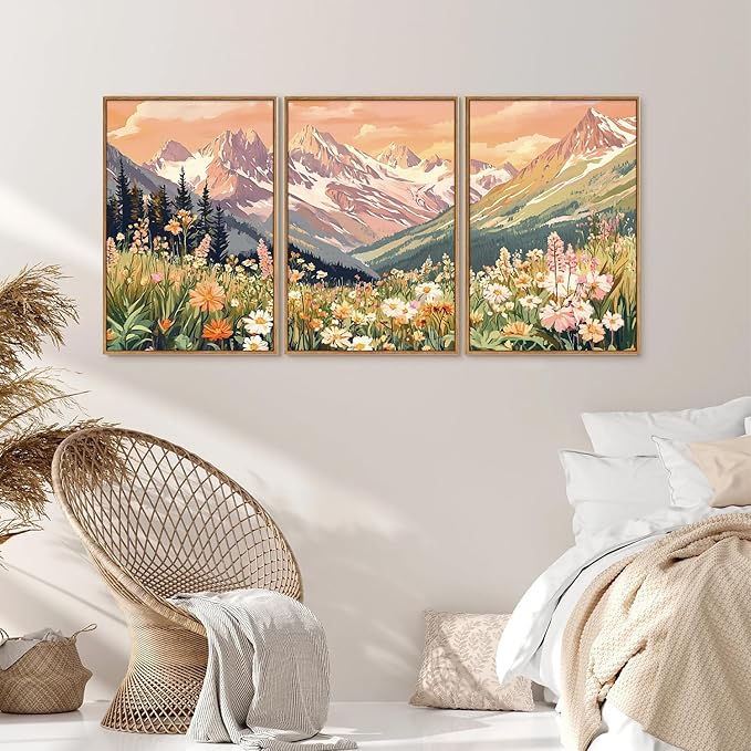 SIGNINART Vintage Floral Framed Canvas Wall Art Set, Large Mountains Nature Landscape Wall Decor, Bohemian Wildflower Forest Artwork, Pink Ridge Art Printing for Living Room Bedroom Office 16"x24"x3