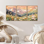 SIGNINART Vintage Floral Framed Canvas Wall Art Set, Large Mountains Nature Landscape Wall Decor, Bohemian Wildflower Forest Artwork, Pink Ridge Art Printing for Living Room Bedroom Office 16"x24"x3