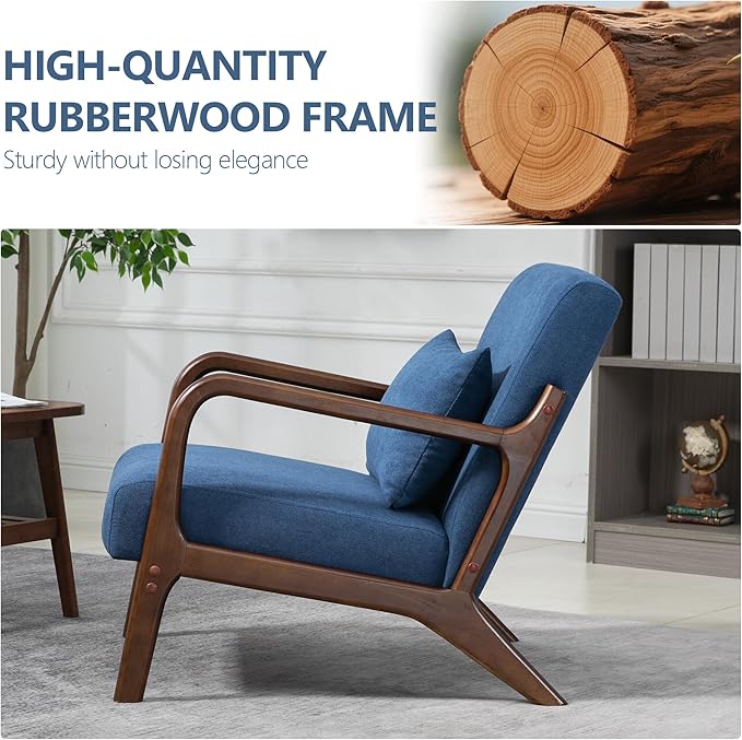 Modern Accent Chair, Cotton Linen Fabric Upholstered Lounge Armchair with Solid Wood Frame for Living Room, Bedroom, Reading Nook (Blue)