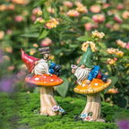TERESA'S COLLECTIONS Garden Gnomes on Mushroom, Set of 2 Cute Resin Gnome Statues for Yard, Outdoor Patio Porch Lawn, Ideal Gift for Dad Mom Birthday, Outside Decor Housewarming Gifts