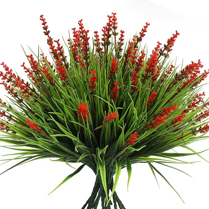 alyptus Artificial Flowers Outdoor 12 Bundles Fake Plants Outside Red Flower Grass Faux Greenery Spring Summer Wildflower Decoration for Outdoors Yard Front Porch Planter Decor (Red Flowers)