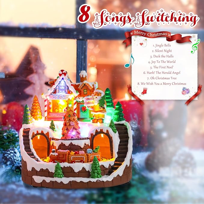 taman Christmas Village Houses - Musical Gingerbread House Collectible Buildings with Rotating Christmas Tree and Moving Train Ornaments for Holiday Decorations