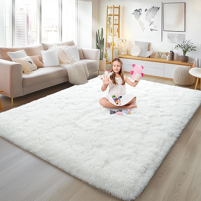 6x9 Fluffy Fuzzy Area Rug for Living Room Bedroom, Ultra Soft Large Living Room Rugs, Non Slip Thick Shag Rug for Dorm, Kids Girls Boys Rug for Home Decor Aesthetic, Cream White
