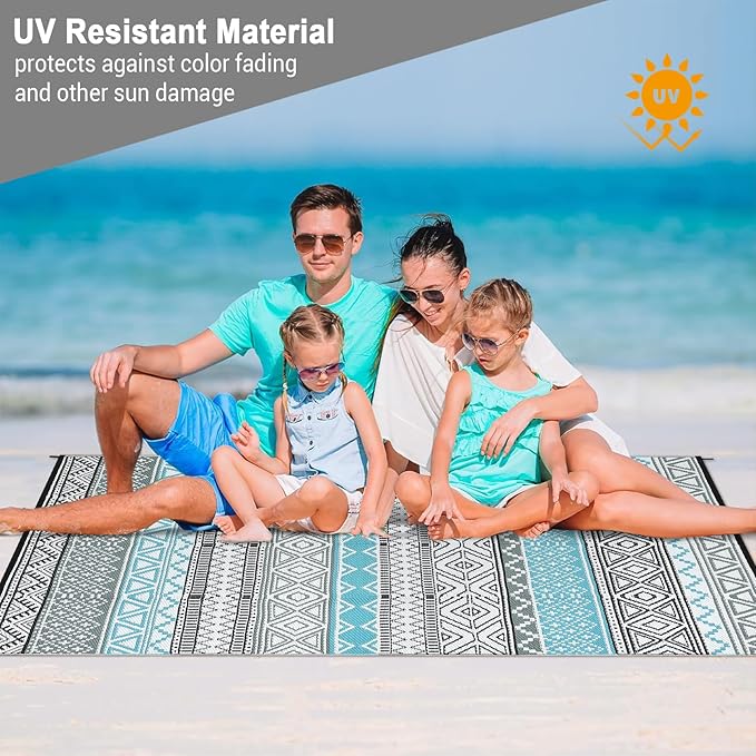 GAOMON Outdoor Rug Waterproof 8'x10', Reversible Outdoor Plastic Straw Rug, Boho Patio Rug, Indoor Outdoor Carpet, RV Mat Outside for Patio, Camp, Picnic, Balcony, Deck, Blue/Grey(Bohemia)