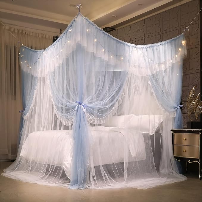 VETHIN 4 Corners Post Ruffle Princess Bed Canopy Curtain-Double Layer Cozy Drape Netting 4 Opening Mosquito Net for Girls Adults Bedroom Decoration (Gray/White,47" W*78" L*82" H/Twin)