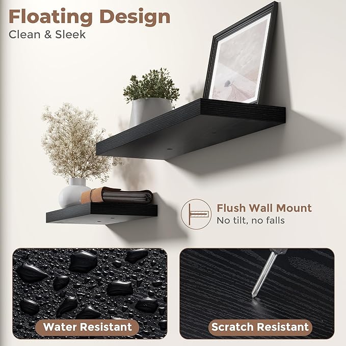 24 Inch Floating Shelves for Wall Set of 2, 8"D Wood Grain Bathroom Shelves with Invisible Brackets, Easy Install Engineered Wood Storage Shelves for Kitchen, Living Room, Bedroom, Black Finish