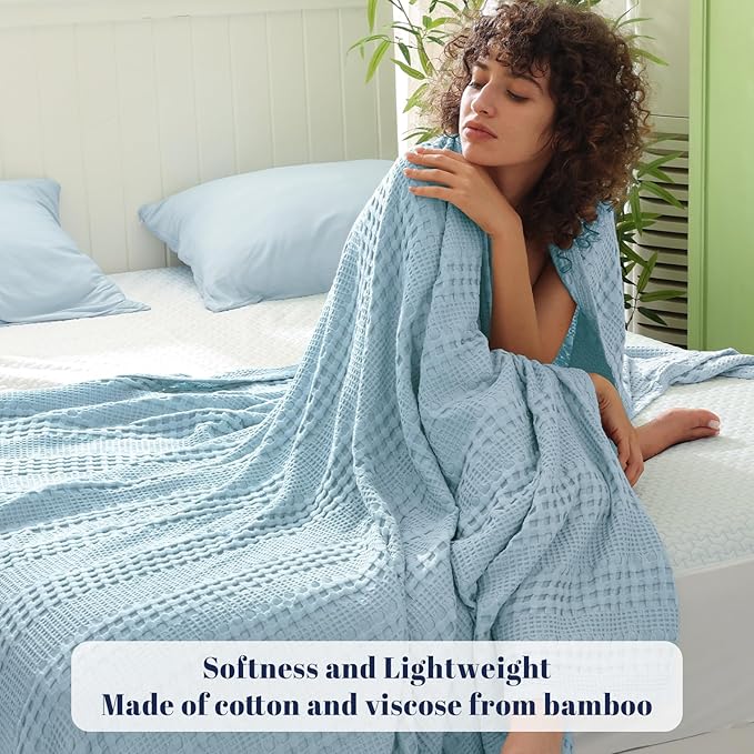 PHF Cooling Waffle Blanket Twin Size, Lightweight 60% Rayon Derived from Bamboo & 40% Cotton Breathable Blanket for Hot Sleepers, Soft and Luxury for Bed Couch and Sofa, 66"x90",Sky Blue