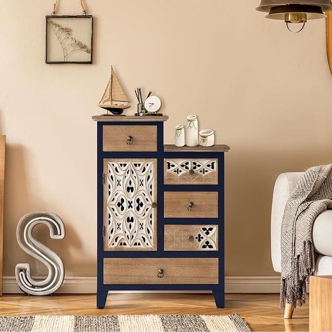 Farmhouse Accent Chest with Carved Door and 5-Drawers, Vintage Storage Cabinet Modern Dresser for Living Room, Entryway, Hallway, Multi-Drawer Organizer, Natural and Deep Blue