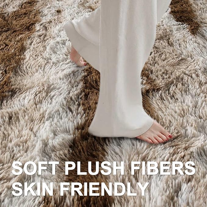 Area Rugs for Living Room, 5x7 Feet Soft Fluffy Shagg Plush Rug High Pile Large Indoor Modern Non-Slip Floor Carpet for Bedroom Nursery Kids Home Room Dorm Decor Aesthetic Tie-Dyed Khaki