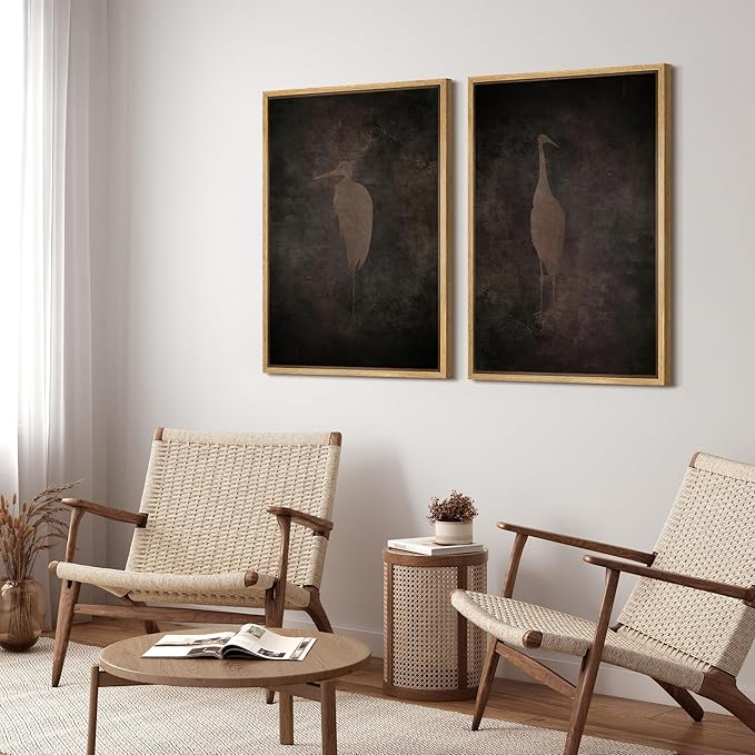SIGNFORD Framed Canvas Print Wall Art Set Abstract Crane Silhouettes Vintage Dark Tones Illustration Modern Art Decorative Nordic Nature for Living Room, Bedroom, Office - 16"x24"x2 Natural