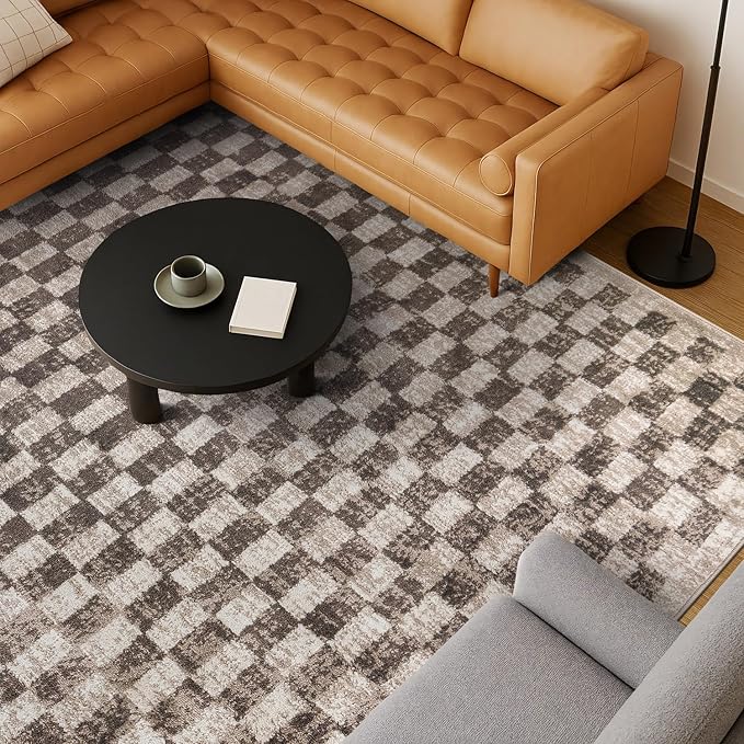 Rugshop Beige Checkered Area Rug – Textured Grid Pattern Carpet for Living Room, Bedroom, or Office – Neutral Contemporary Soft Floor Décor 5' x 7' Beige