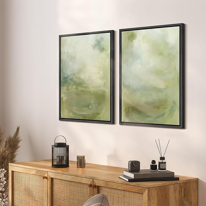SIGNFORD Framed Canvas Print Wall Art Set Soft Green Abstract Contemporary Neutral Landscape Illustration Modern Art Decorative Nordic Nature for Living Room, Bedroom, Office - 16"x24"x2 Black