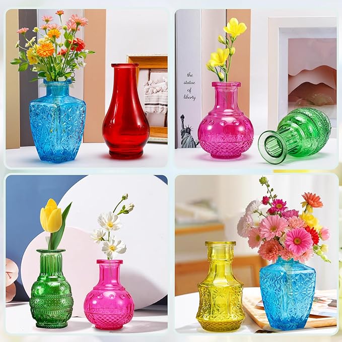 10 Pack Glass Bud Vases, Colored Bud Vase, Small Rustic Glass Vase for Flowers, Colorful Vintage Flower Vases for Wedding Home Table Plants Party Centerpieces Decor