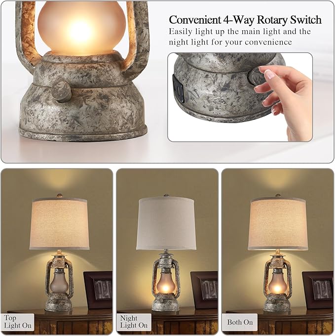 RORIANO Farmhouse Rustic Table Lamps for Living Room Set of 2, Vintage Lantern Table Lamp with Dual USB Ports, Retro Nightstand Lamp for Bedroom Bedside, 4 Bulbs Included (Iron Gray)