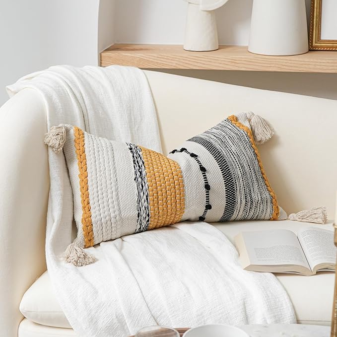 BlissBlush Fall Decorative Lumbar Throw Pillow Cover 14x24 Boho Yellow Mustard Accent Cushion for Couch Sofa Farmhouse Pillowcase for Bedroom Living Room Home Décor Cover ONLY