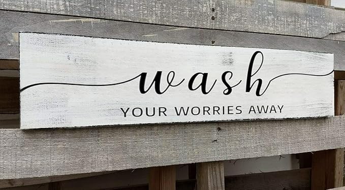Farmhouse Bathroom Sign, Wash Your Worries Away, Rustic Wooden Bathroom Wall Art Decor, Inspirational Signs Bath Wall Hanging Art Home Decor (Wash) 6x16 Inch