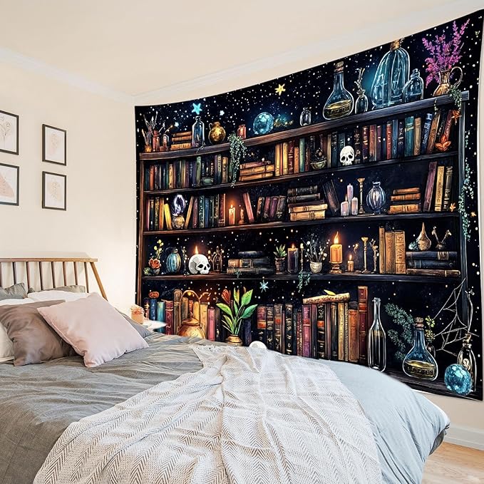 HVEST Magic Bookshelf Tapestry Wall Hanging Vintage Bookshelf Witchy Books Plant Skull Gothic Halloween Wall Decor Starry Sky Tapestry for Bedroom Living Room Dorm, 60L x 80W Inches