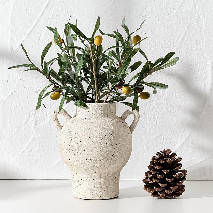LUKA Antique Ceramic Vase with 2 Handle,7.28 inches Rustic Vase Minimalist Decor, Decorative Vases for Home Decor, Table, Living Room, Shelf, Christmas Decoration(Medium,White)