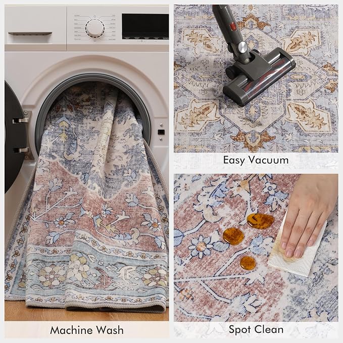 Pink Slate Blue Washable 5x7 Area Rugs for Living Room Rug Bedroom Rug-Carpet Vintage Traditional Dining Room Rugs Office Soft Comfortable Non Slip