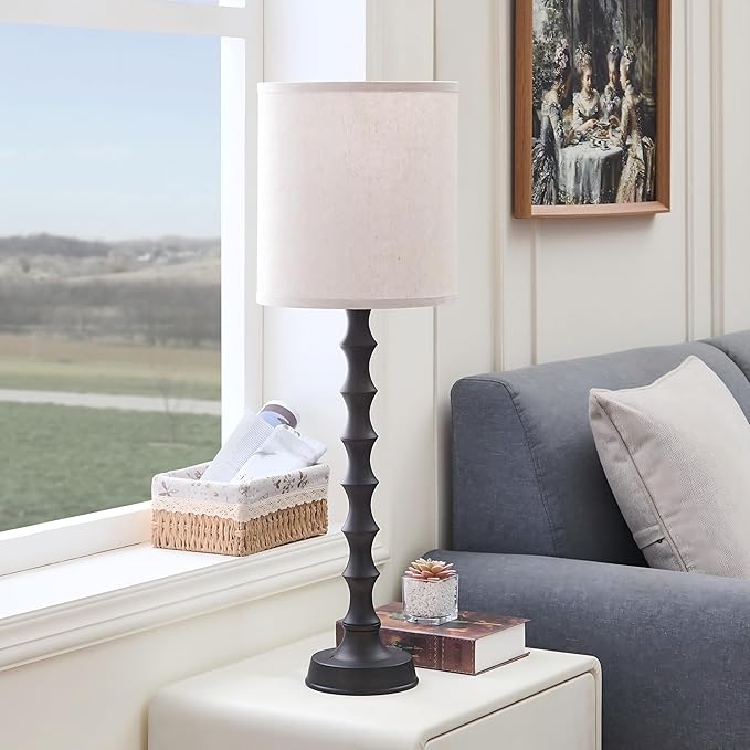 30.5" Rustic Buffet Table Lamps for Living Room Set of 2, Farmhouse Table Lamps for Buffet Set of 2, Oil Rubbed Bronze Candlestick Lamps with Linen Oatmeal Lampshade, Vintage Tall Skinny Lamps