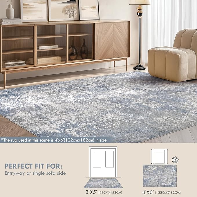 Tortania Washable 3x5 Area Rug - Modern Abstract Neutral Rugs Indoor Soft Thin Mat Non Slip Carpet for Entrance Front Door Living Room Bedroom Home Floor Decoration - Blue Grey