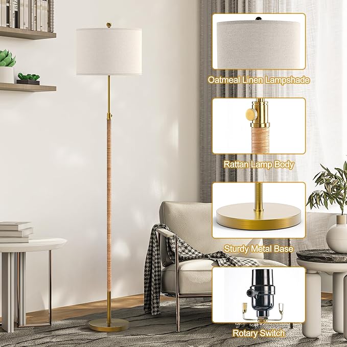 Boho Rattan Floor Lamp for Living Room, Adjustable Height:65"-70" Brass Gold Standing Lamp, Farmhouse Tall Skinny Pole Light with Oatmeal Shade for Bedroom Office