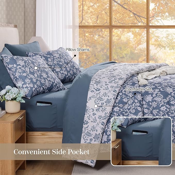 King Comforter Set -7 Pieces Floral Oxford Blue Comforter Set for All Seasons, Bed in a Bag King with Botanical Flowers Comforter, Sheets, Pillowcases & Shams