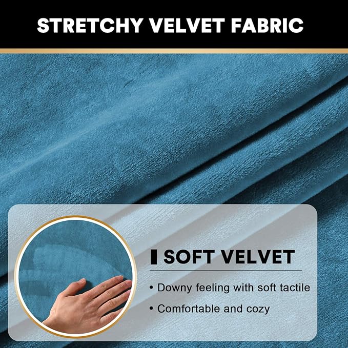 PrinceDeco Velvet Sofa Cushion Covers, Stretch Couch Cushion Covers for Individual Seat Couch Slipcover Sets Furniture Protector for Loveseat Sofa Cushion(Each Width Up to 29.5", Blue)