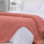 Bigacogo Chunky Knit Throw Blanket for Couch, 40x80 inches, 100% Hand Knitted with Thick Jumbo Chenille Yarn, Cozy Soft Large Rope Knot Cable Crochet Blankets for Sofa Bed Living Room, Antique Red