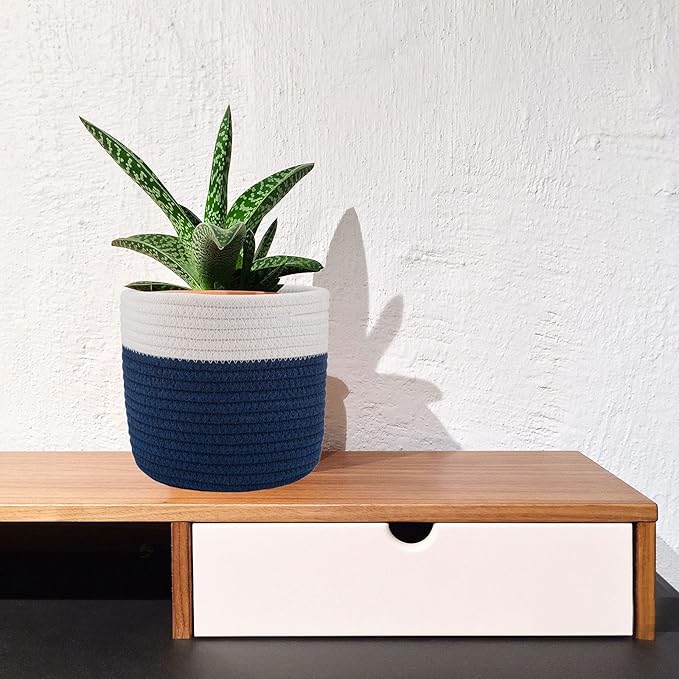 Cotton Rope Plant Basket Woven Baskets for 6" Pot Floor Indoor Planters,Rustic Home Decor H6 3/4" x W6 1/2" White Stitching Navy Blue