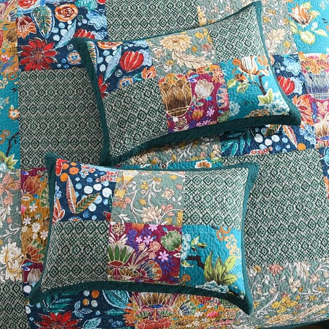 ENASAL Cotton Bedspread Quilt Sets Reversible Bedding Coverlet Sets Comforters, Patchwork Vintage Floral Turquoise Bedspread, Queen Size