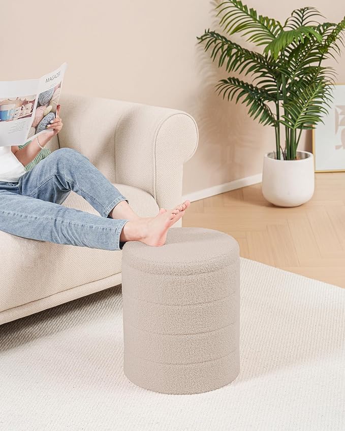 B FSOBEIIALEO Ottoman with Stroage, Round Sherpa Storage Ottoman Stool, Boucle Foot Rest 14.6"x14.6"x17.7"（Beige