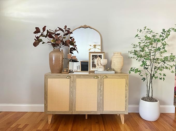 PHI VILLA Rattan Cabinet with Doors, Buffet Sideboard Cabinets Credenza, 3 Door Accent Cabinet